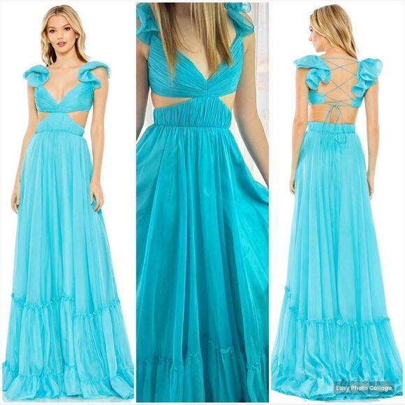 Mac Duggal 70254 Womens Blue Ruffled Shoulder Cut Out Lace Up Gown Dress - Picture 1 of 16